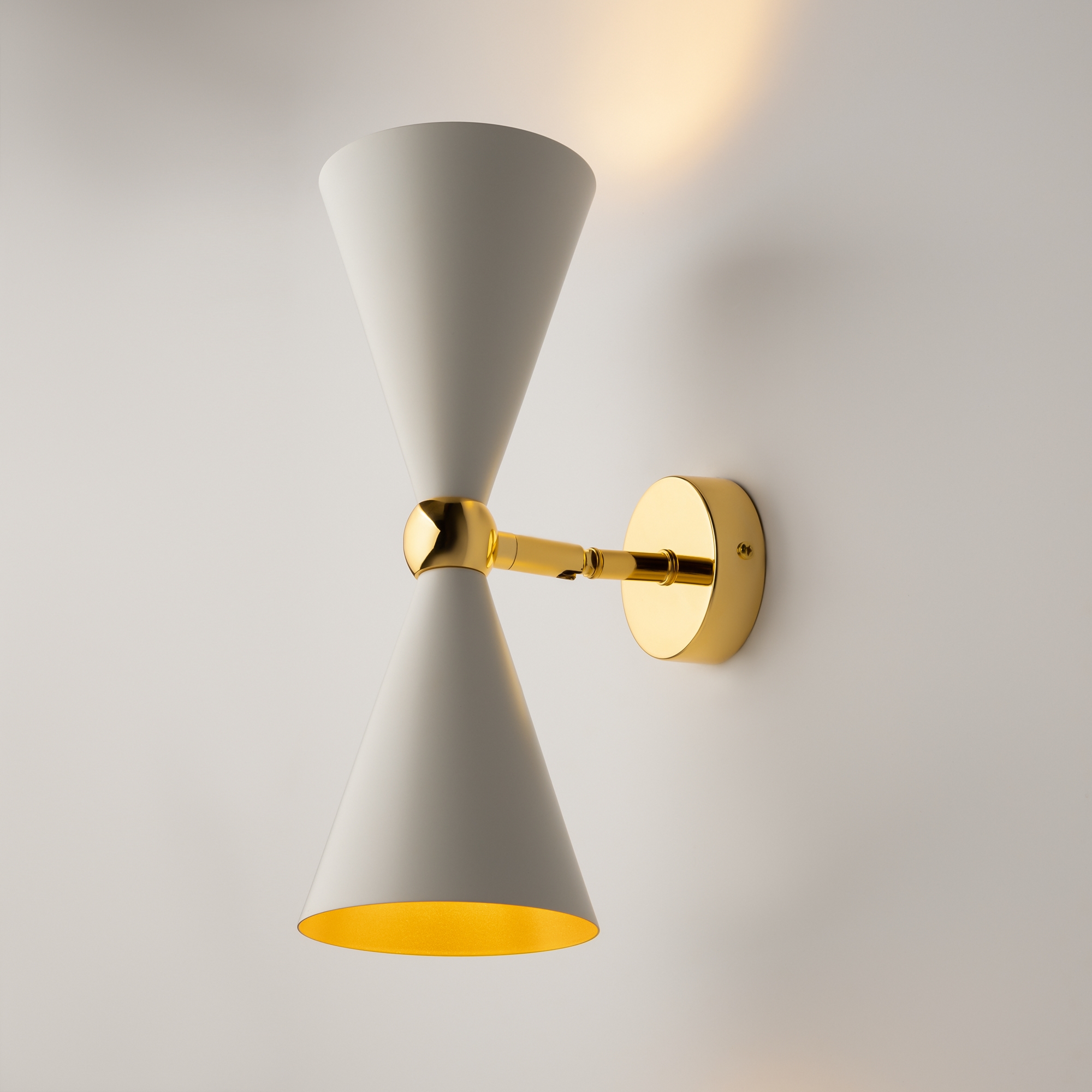 Vesper Up & Down Cone Wall Light, Gold & White Metal, 2 Light, 12cm Wide