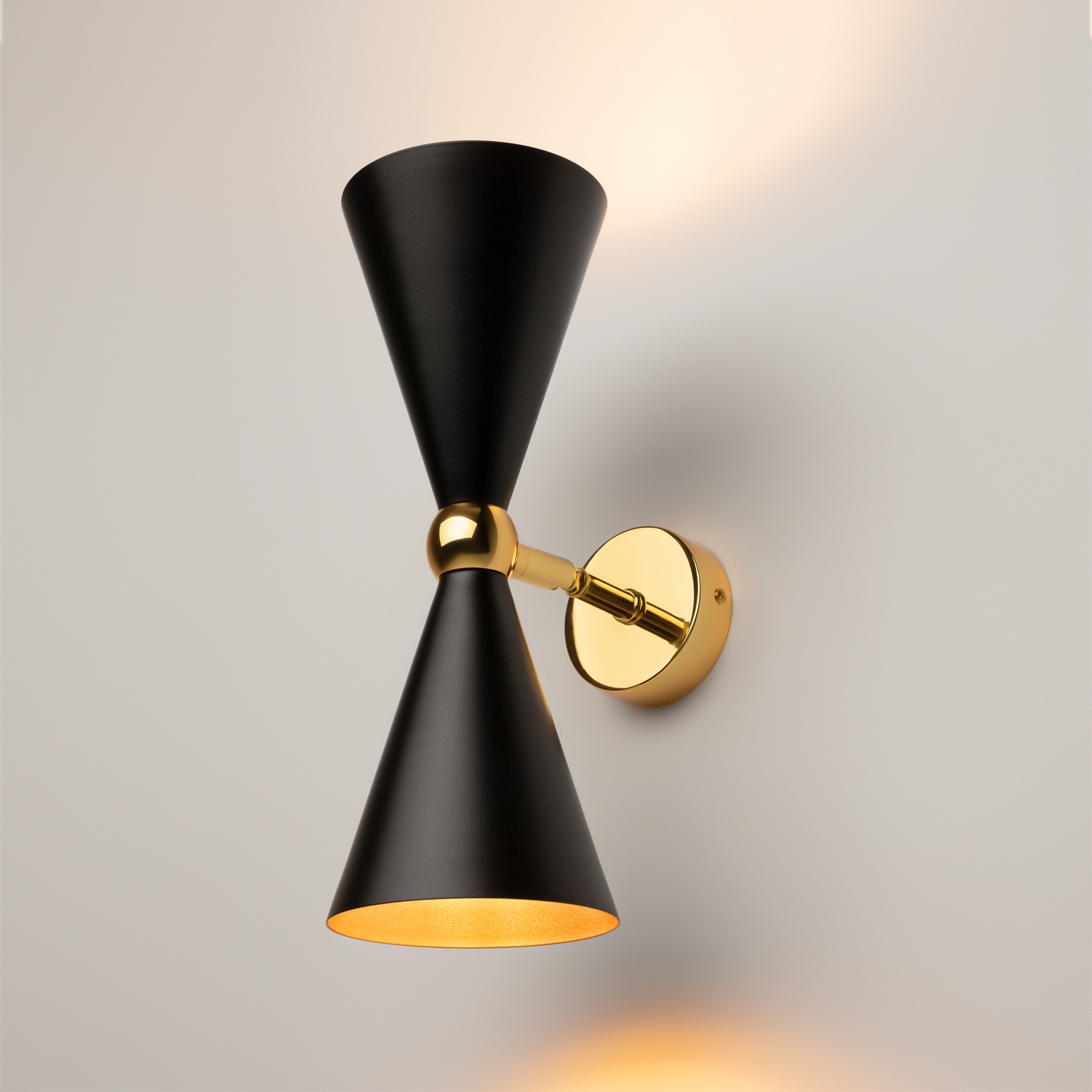 Vesper Up & Down Cone Wall Lamp, Gold & Black Metal, 2 Light, 12cm Wide