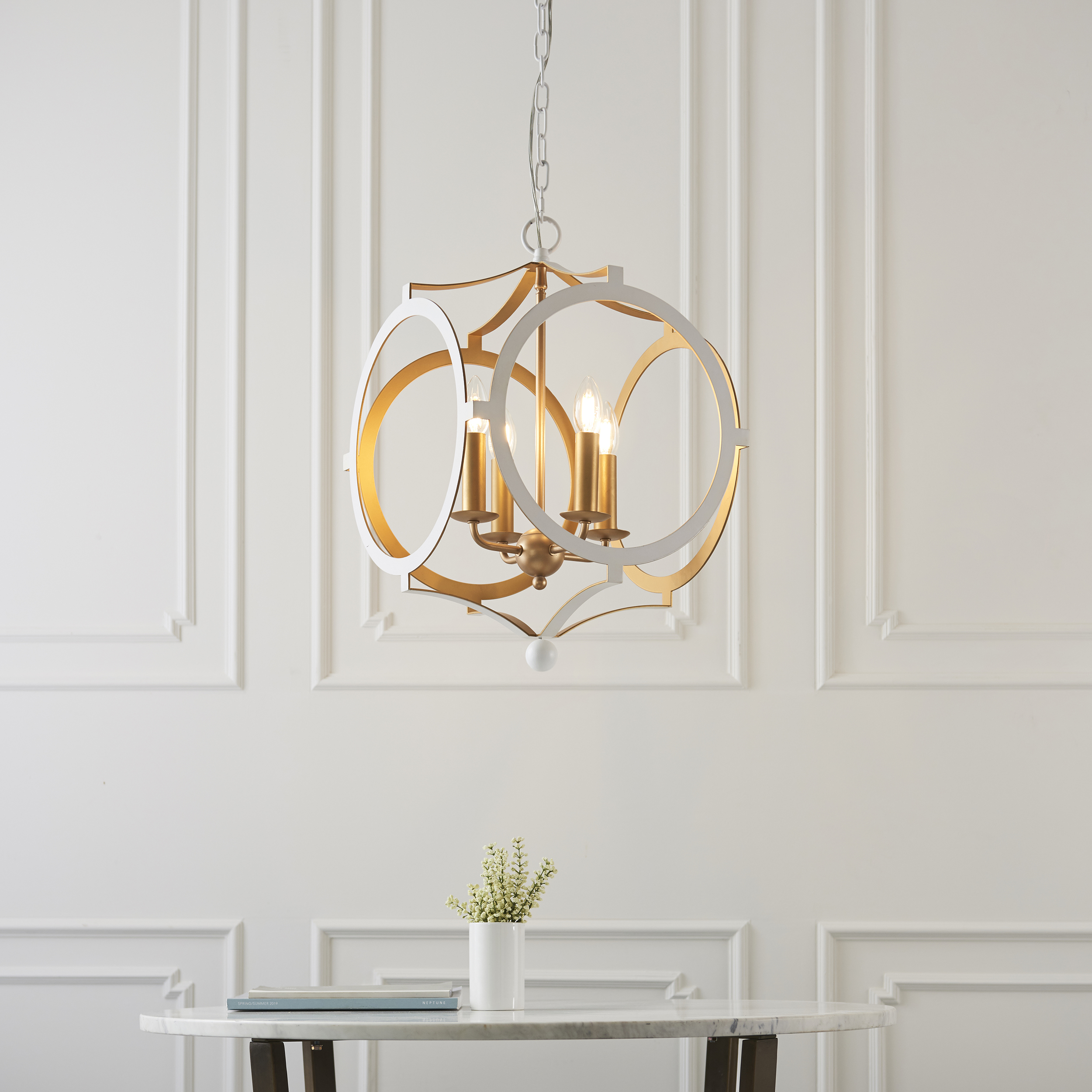 Lantur Pendant Light, White, Gold Inner, 4 Lamp, 36cm
