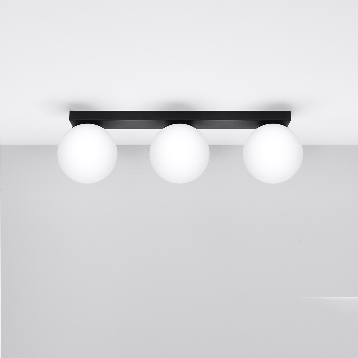 Olie 3 Light Ceiling Lamp, Black Metal, White Glass, 50cm Length