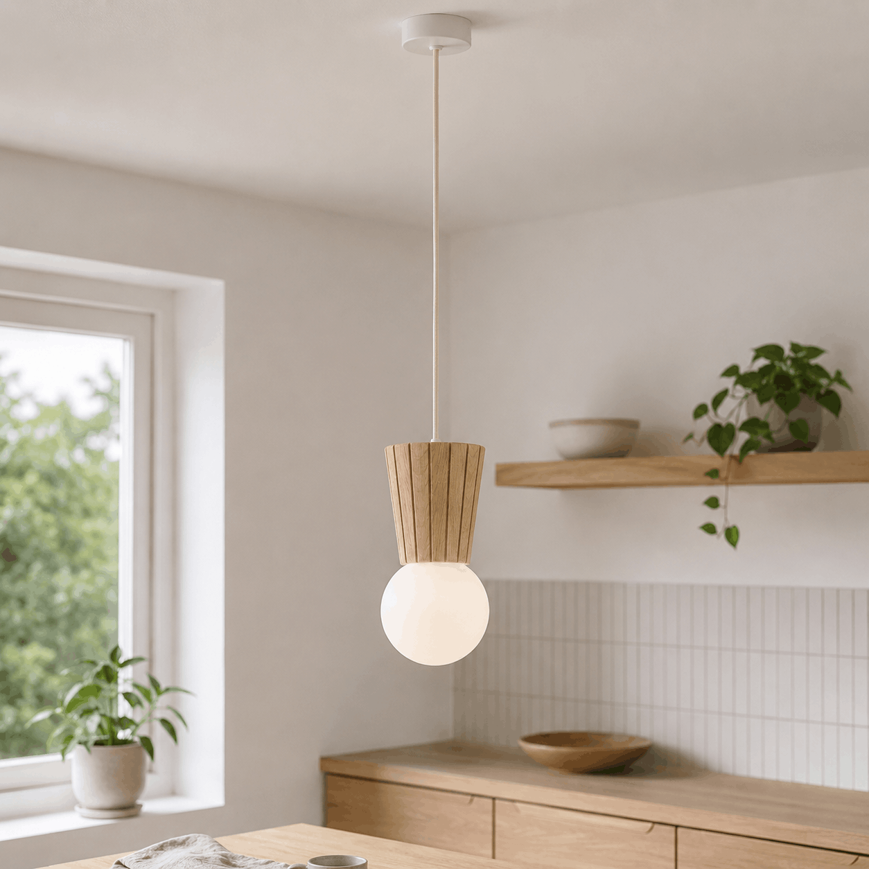 Foltant Single IP44 Pendant Lamp, Light Wood, Opal Glass Shade, 12cm Wide